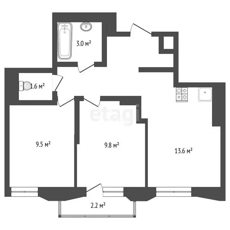 2-комнатная квартира: Тюмень, улица Судостроителей, 48 (45.6 м) - Фото 1