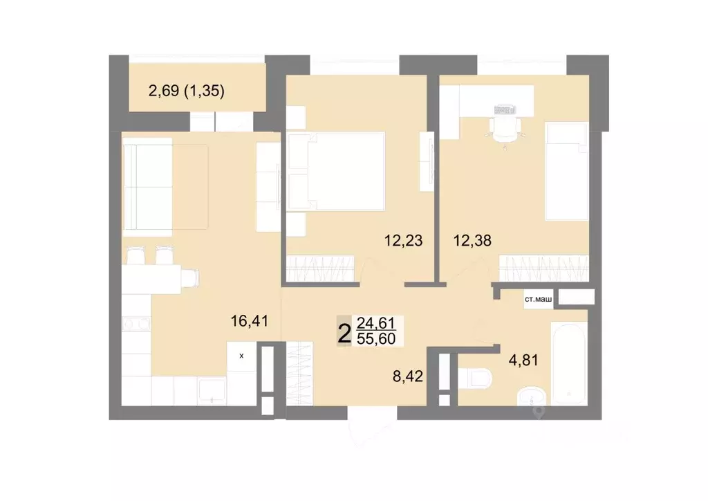 2-к кв. Свердловская область, Екатеринбург ул. Тенистая, 8с5 (55.6 м) - Фото 1