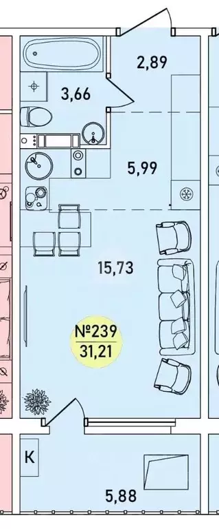 Студия Ярославская область, Ярославль 2-й мкр,  (31.21 м) - Фото 1