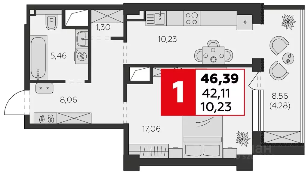 1-к кв. Ростовская область, Батайск ул. Воровского, 53 (46.39 м) - Фото 1