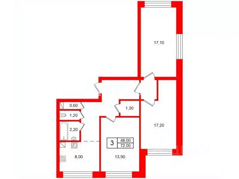 3-к кв. Санкт-Петербург Светлановский просп., 109К1 (72.0 м) - Фото 2