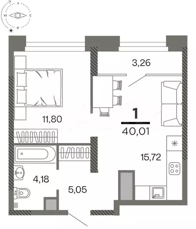 1-к. квартира, 40 м, 24/26 эт. - Фото 0