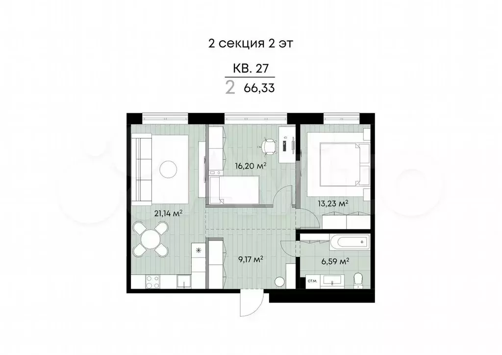 2-к. квартира, 66,3 м, 2/9 эт. - Фото 1