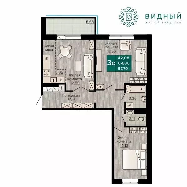 3-комнатная квартира: Пермь, Кавказская улица, 13к2 (67.7 м) - Фото 1