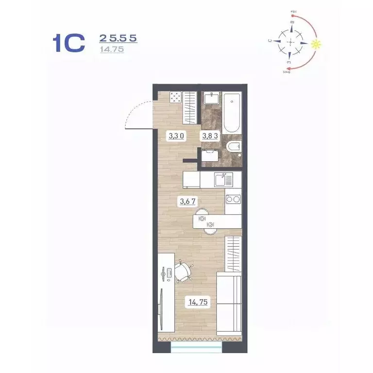 Студия Новосибирская область, Новосибирск ул. Забалуева, с10 (25.55 м) - Фото 1