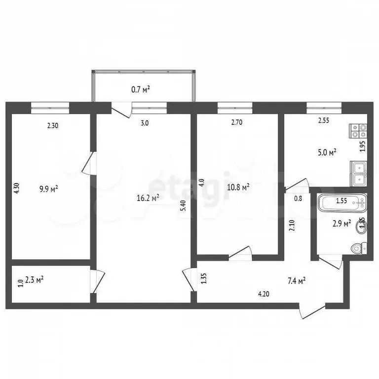 3-к. квартира, 54,5 м, 5/5 эт. - Фото 0