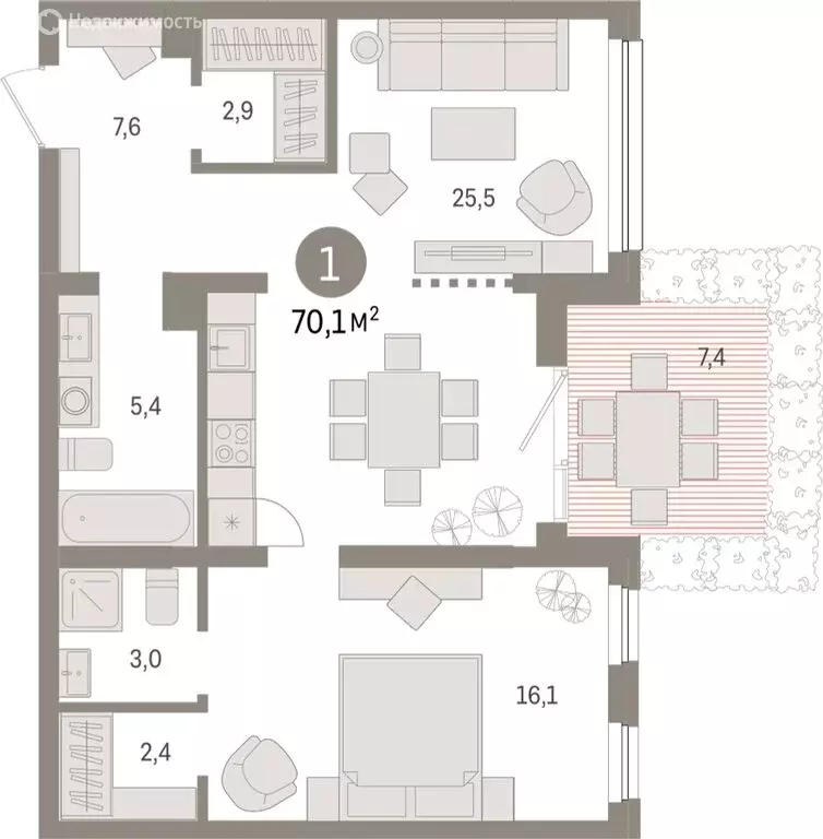 1-комнатная квартира: Тюмень, Мысовская улица, 26к1 (70.12 м) - Фото 1