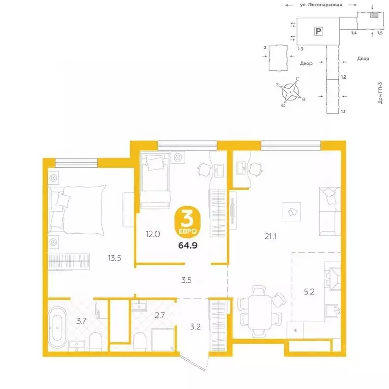 3-к кв. Тюменская область, Тюмень ул. Лесопарковая, 22 (64.9 м) - Фото 1