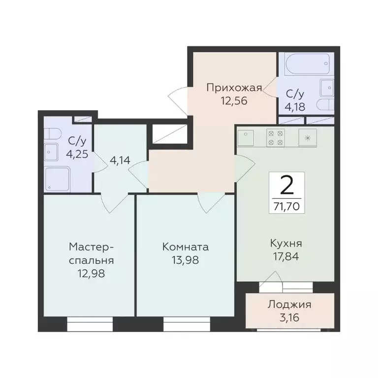 2-к кв. Воронежская область, Воронеж ул. Матросова, 60 (71.7 м) - Фото 1