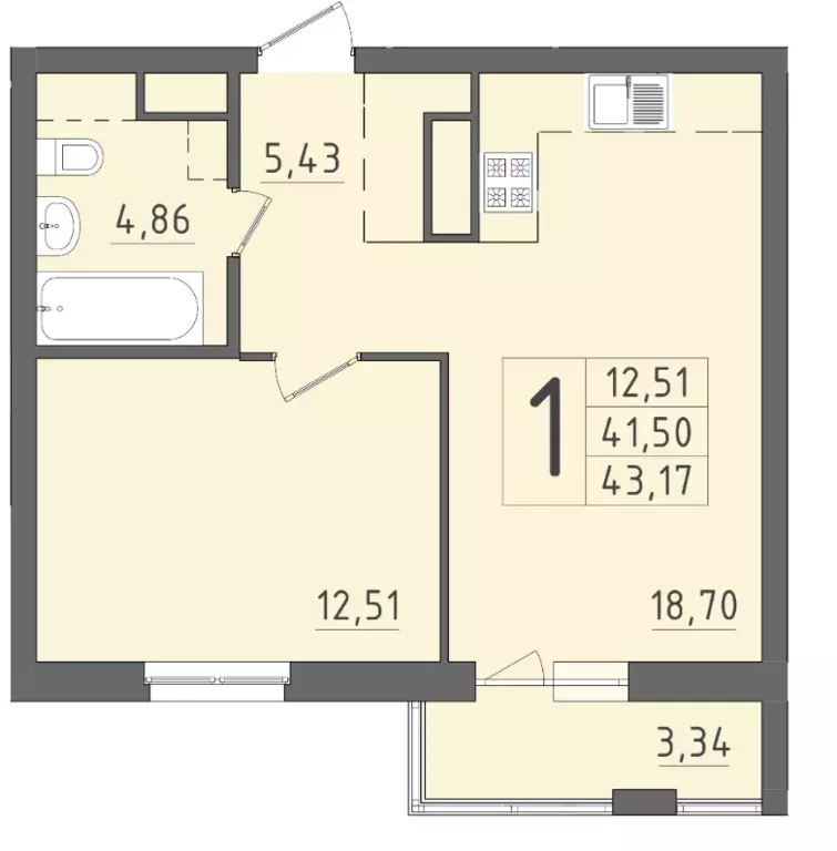 1-к квартира, 43.17 м - Фото 0
