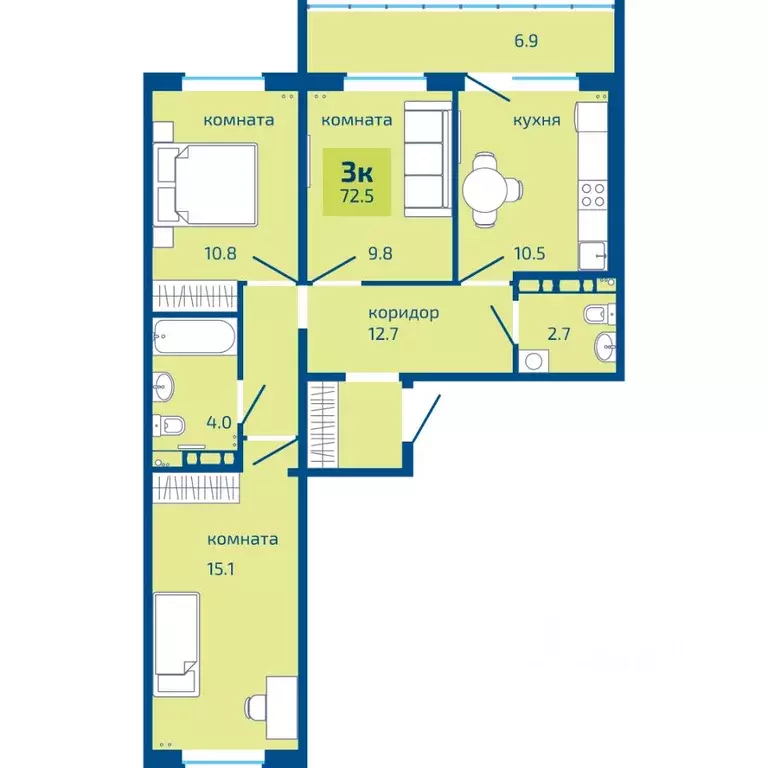 3-к кв. Пермский край, Пермь Вышка II мкр, Патриот жилой комплекс ... - Фото 1