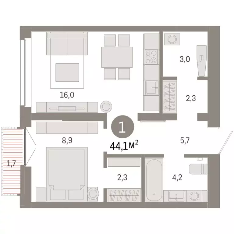 1-комнатная квартира: Тюмень, улица Республики, 205к2 (44.1 м) - Фото 2