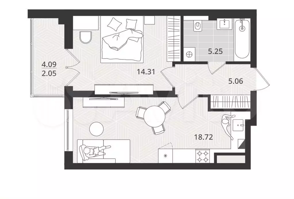 1-к. квартира, 45,4 м, 1/4 эт. - Фото 1