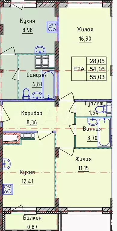 2-к. квартира, 56 м, 7/10 эт. - Фото 0