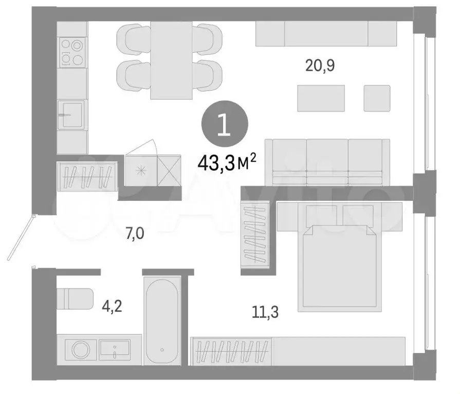 1-к. квартира, 43,3 м, 2/7 эт. - Фото 0