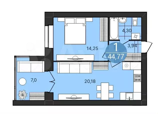 1-к. квартира, 44,8 м, 2/4 эт. - Фото 1