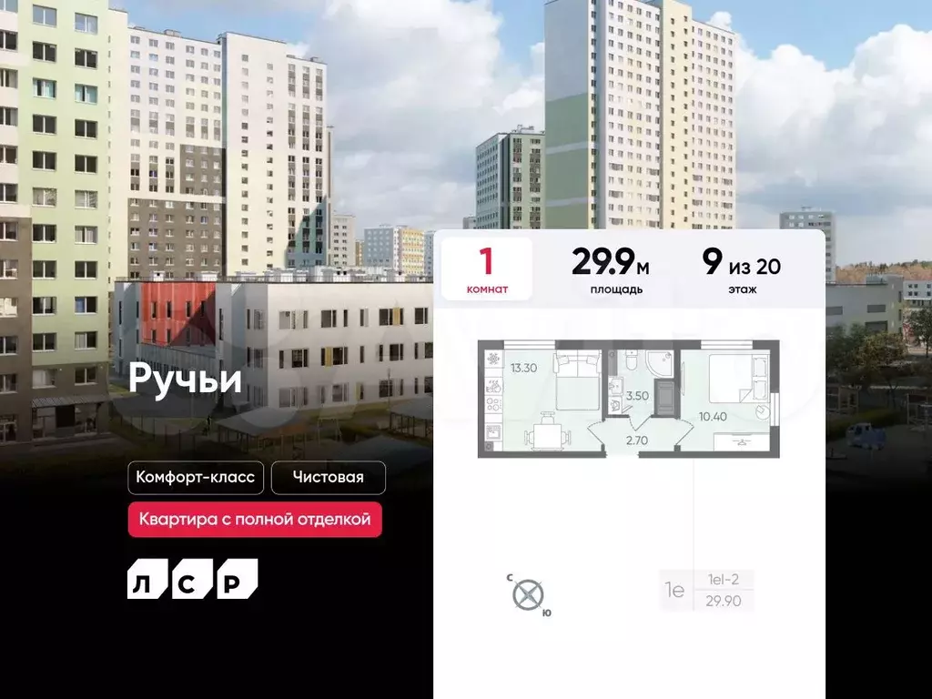 1-к. квартира, 29,9 м, 9/20 эт. - Фото 0