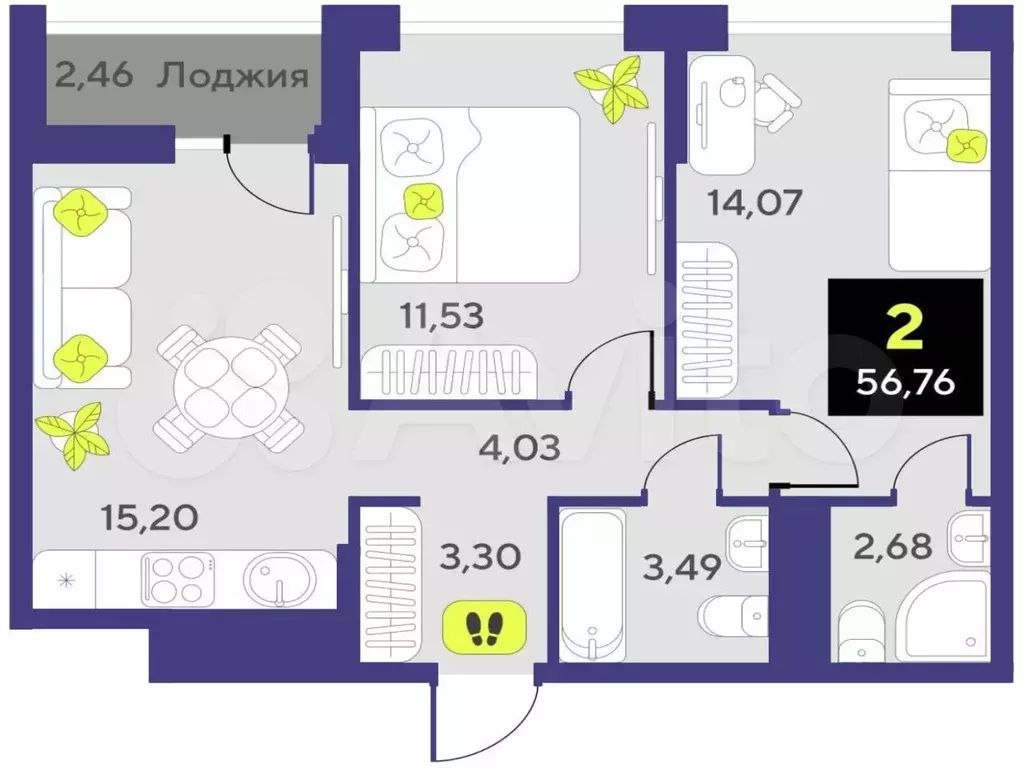 2-к. квартира, 56,8 м, 8/19 эт. - Фото 1