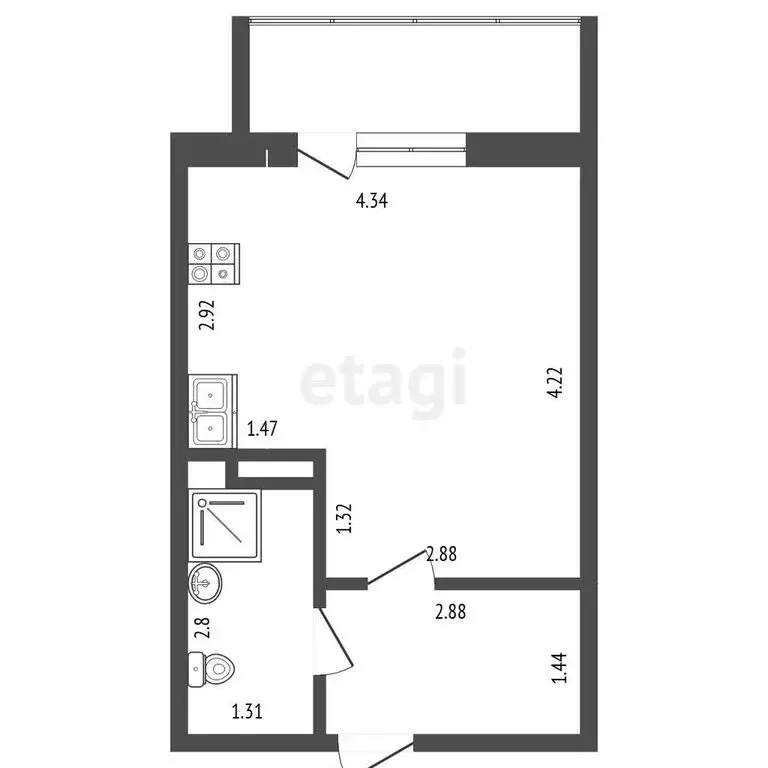 Квартира-студия: Челябинск, улица Маршала Чуйкова, 33 (23.9 м) - Фото 1