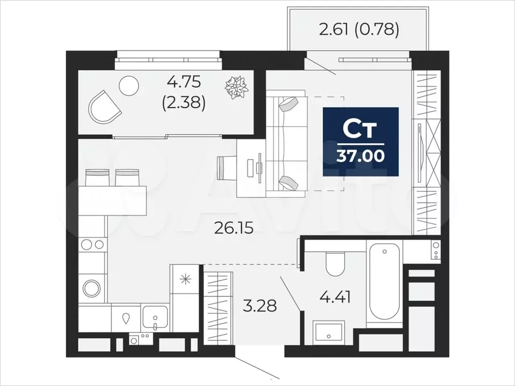 Квартира-студия, 37 м, 12/21 эт. - Фото 1