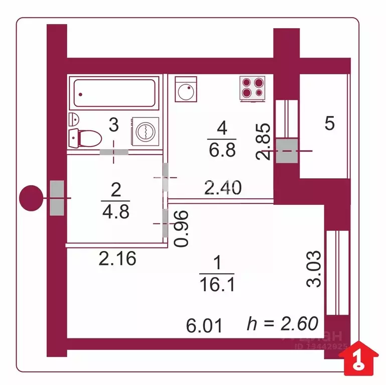 1-к кв. Омская область, Омск просп. Карла Маркса, 43ак1 (31.1 м) - Фото 2