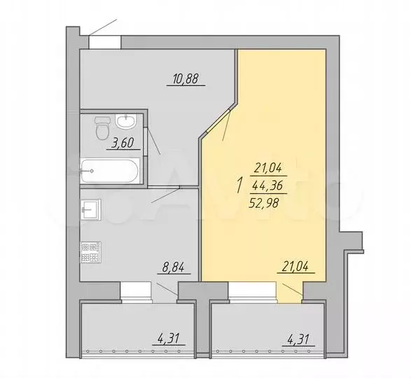 1-к. квартира, 53м, 6/9эт. - Фото 0