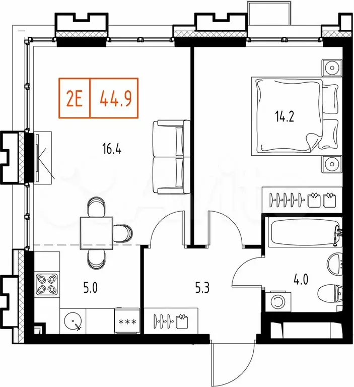 2-к. квартира, 44,9 м, 2/9 эт. - Фото 0