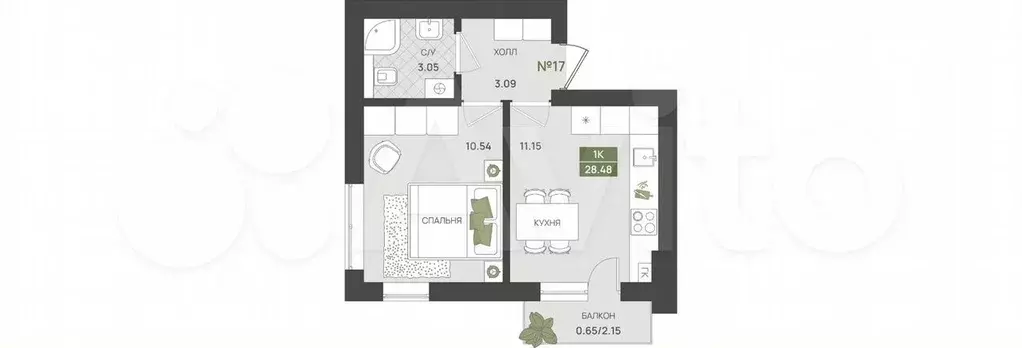 1-к. квартира, 28,5 м, 5/5 эт. - Фото 1