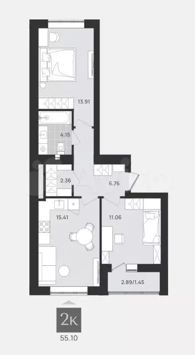 2-к. квартира, 55,1 м, 6/9 эт. - Фото 1