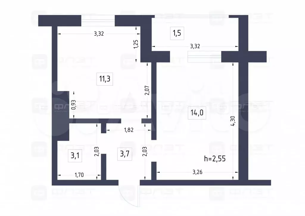 1-к. квартира, 32 м, 3/3 эт. - Фото 1