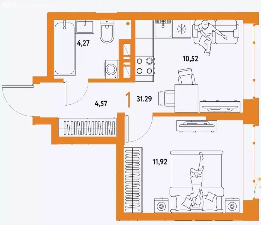 1-комнатная квартира: Тюмень, Полевая улица, 108 (31.29 м) - Фото 1