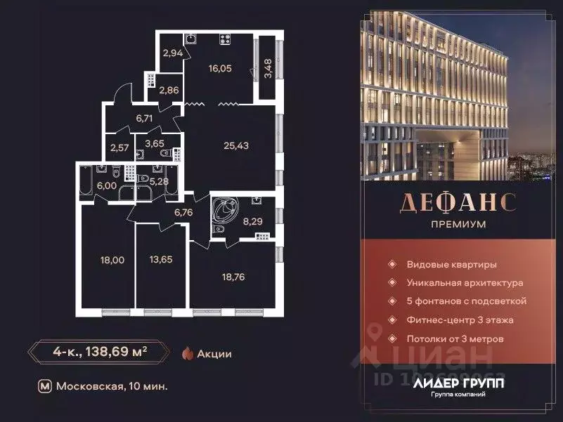 4-к кв. Санкт-Петербург Дефанс жилой комплекс (138.69 м) - Фото 1