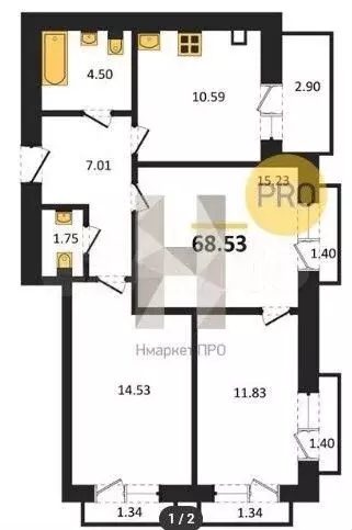3-к. квартира, 68,5 м, 9/10 эт. - Фото 1