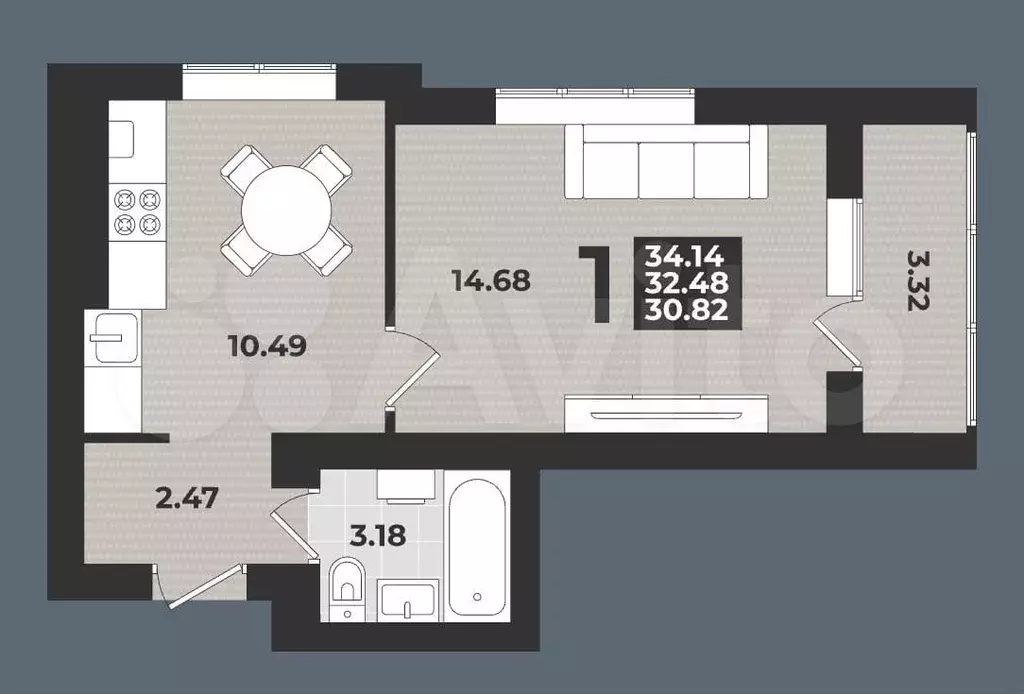 1-к. квартира, 34,1 м, 4/9 эт. - Фото 1