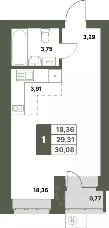 1-к кв. Башкортостан, Уфимский район, с. Миловка  (30.08 м) - Фото 1