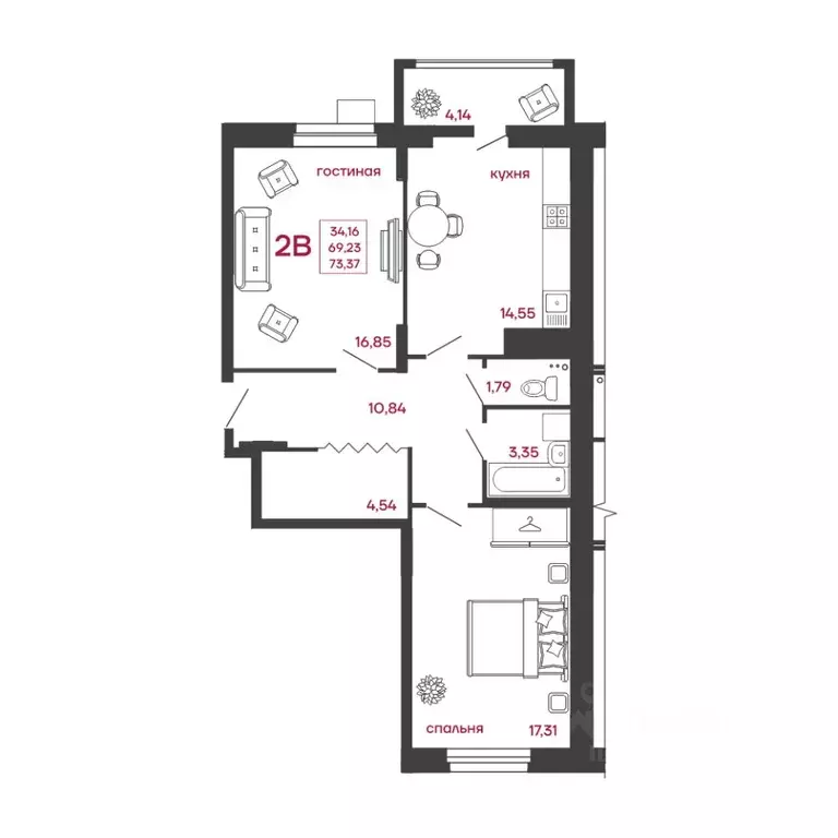 2-к кв. Пензенская область, Пенза ул. Богданова, 34 (73.37 м) - Фото 1