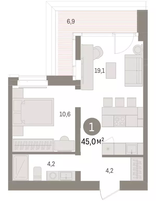 1-комнатная квартира: Тюмень, жилой комплекс На Минской (45 м) - Фото 1