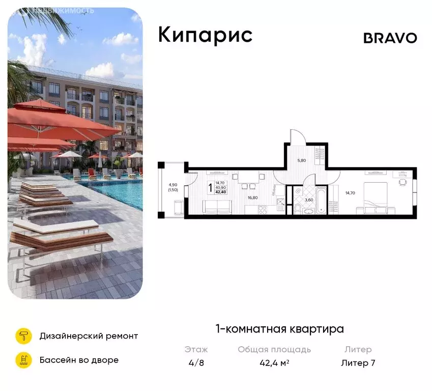 1-комнатная квартира: Сукко, жилой комплекс Кипарис (42.4 м) - Фото 1