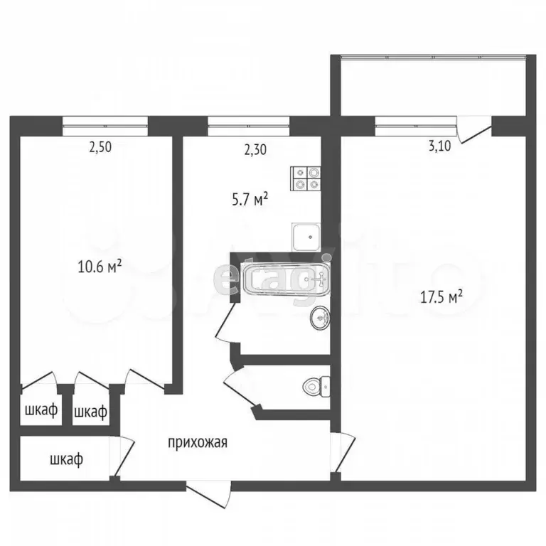 2-к. квартира, 44,4 м, 2/5 эт. - Фото 0