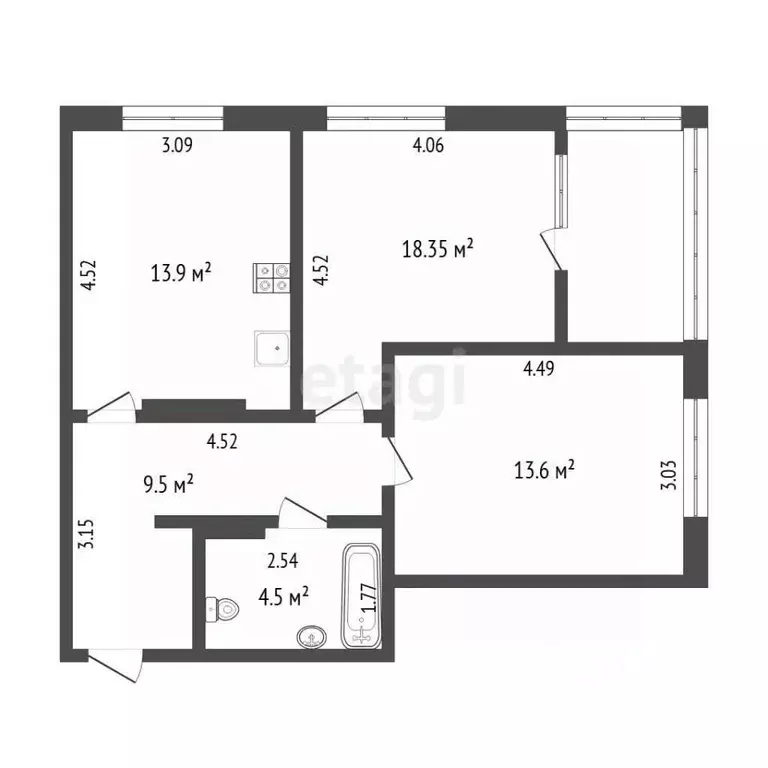 2-к кв. Тюменская область, Тюмень ул. Николая Ростовцева, 24к1 (56.1 ... - Фото 1