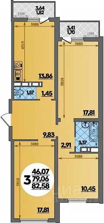 3-к кв. Ростовская область, Ростов-на-Дону ул. Костенко, 12 (82.58 м) - Фото 1