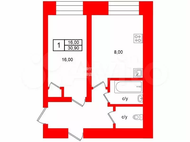 1-к. квартира, 30,9 м, 4/9 эт. - Фото 0