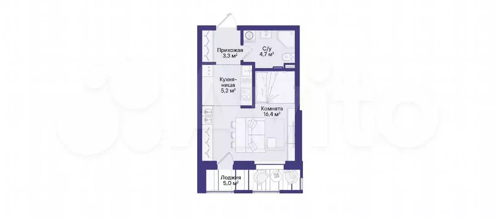 Квартира-студия, 32,1 м, 1/16 эт. - Фото 1