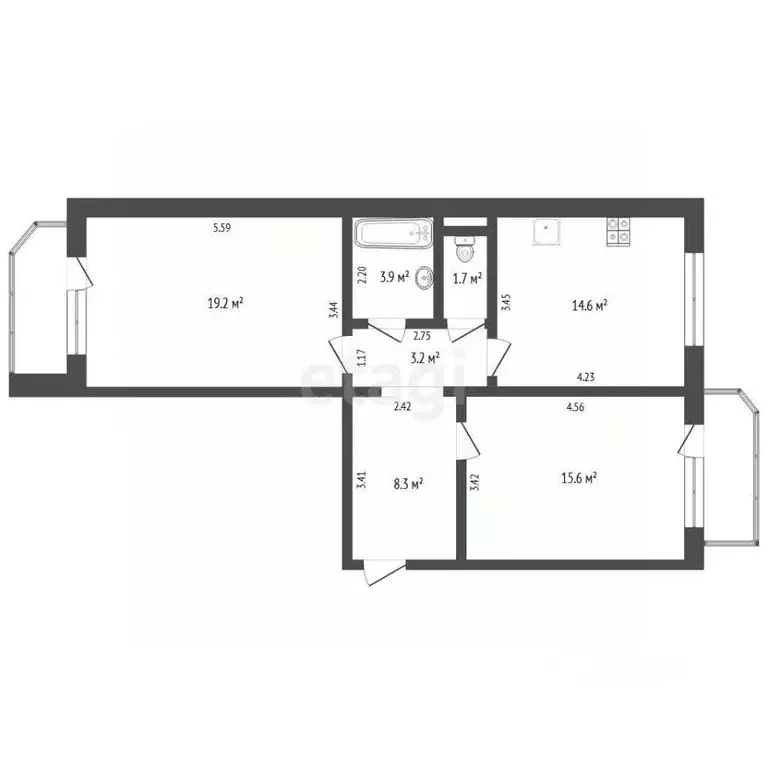2-к кв. Тюменская область, Тюмень ул. Пермякова, 74к4 (66.5 м) - Фото 2