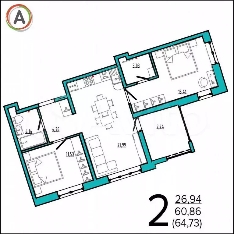 2-к. квартира, 64,7м, 11/16эт. - Фото 1