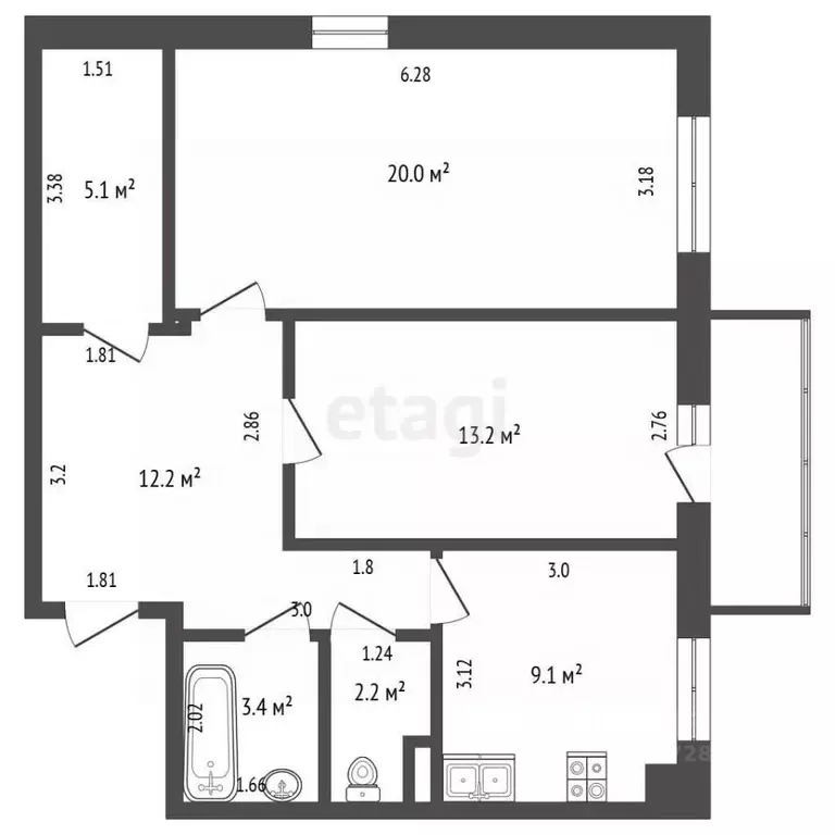 2-к кв. Калужская область, Боровск ул. Некрасова, 17Б (69.1 м) - Фото 2