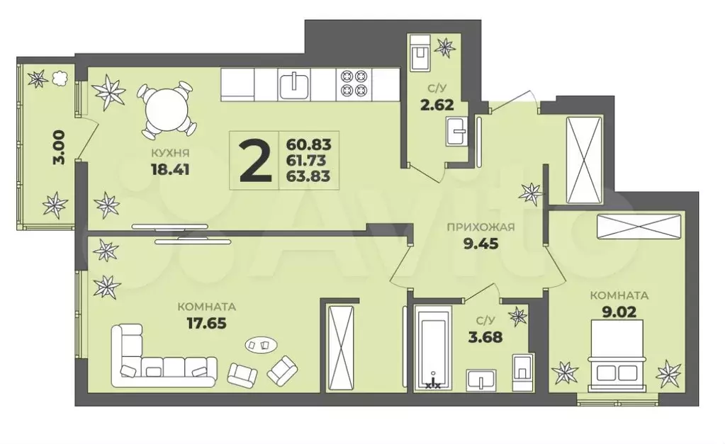 2-к. квартира, 62 м, 5/8 эт. - Фото 1