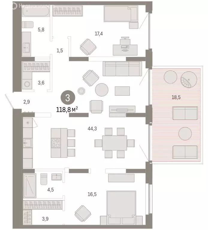 3-комнатная квартира: Тюмень, Мысовская улица, 26к2 (118.78 м) - Фото 1