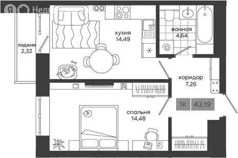 1-комнатная квартира: Новосибирск, Вилюйская улица (43 м) - Фото 0