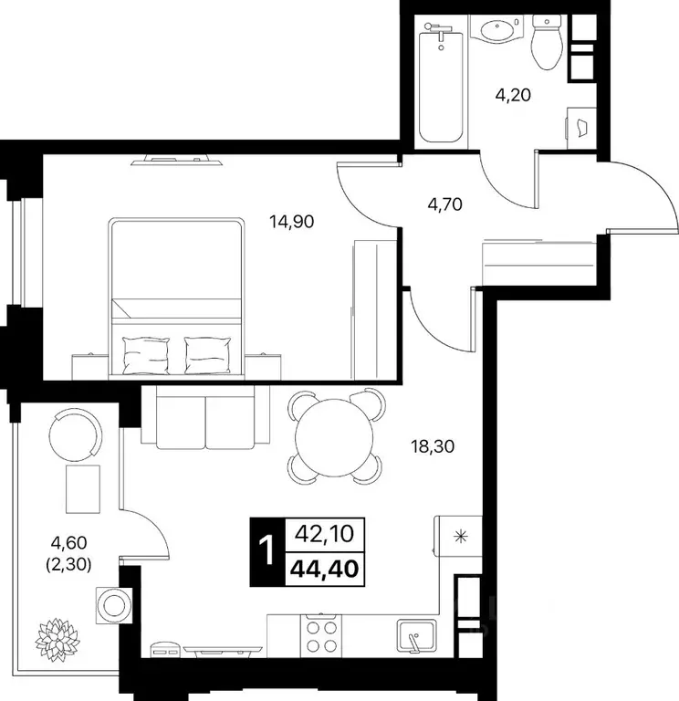 1-к кв. Ростовская область, Ростов-на-Дону Эстет жилой комплекс (44.4 ... - Фото 1